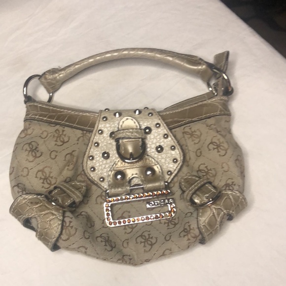 GUESS 1992 Vintage tan/silver and bronze rhinestone/snakeskin mini handbag. - Picture 3 of 12